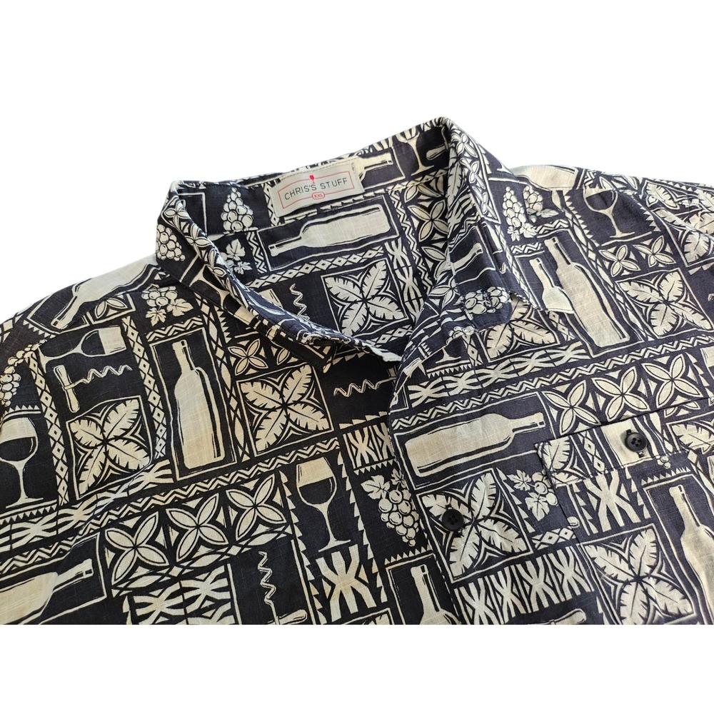 Chris's Stuff Button Up Shirt Mens XXL Black White Excellent Wine Novelty Cotton
